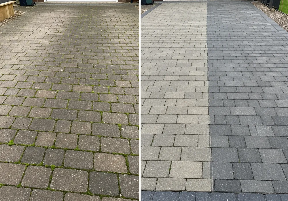 Before and after comparison of a jet washed driveway