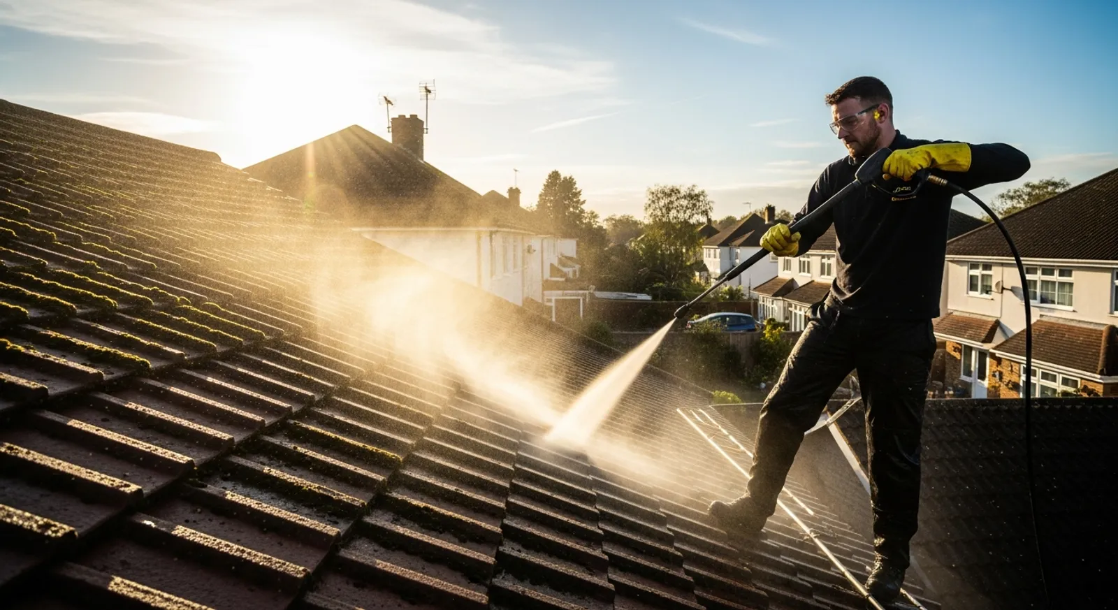 Professional roof cleaner pressure washing a residential roof